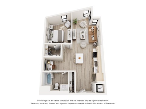 Floor plan for 1 bed, 1 bath, 678 sqft